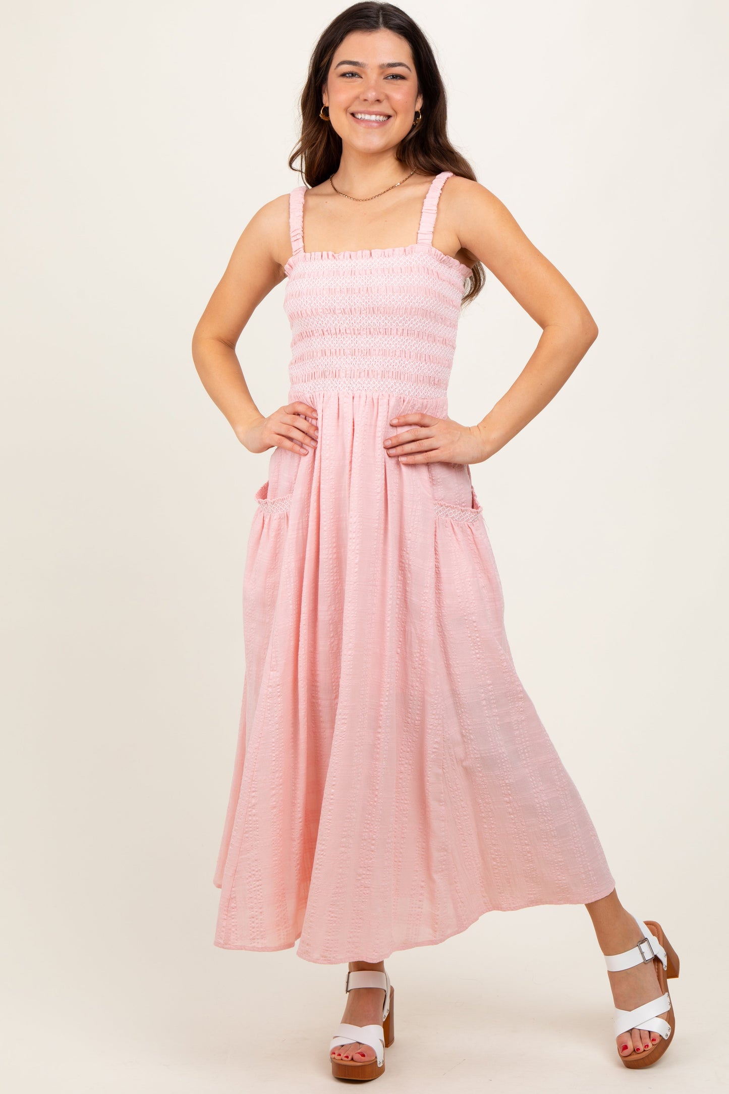 Light Pink Smocked Embroidered Bust Textured Midi Dress