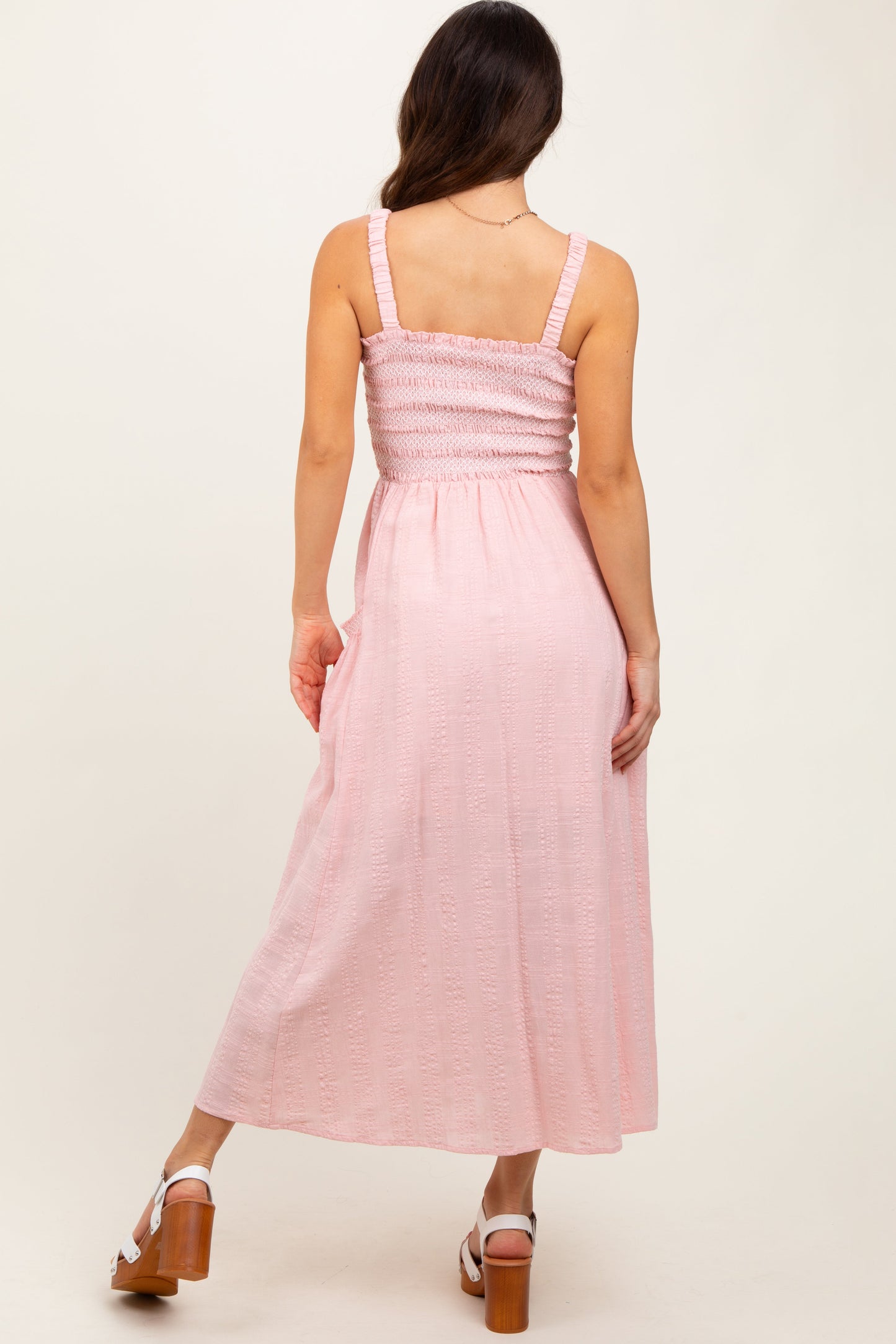 Light Pink Smocked Embroidered Bust Textured Midi Dress