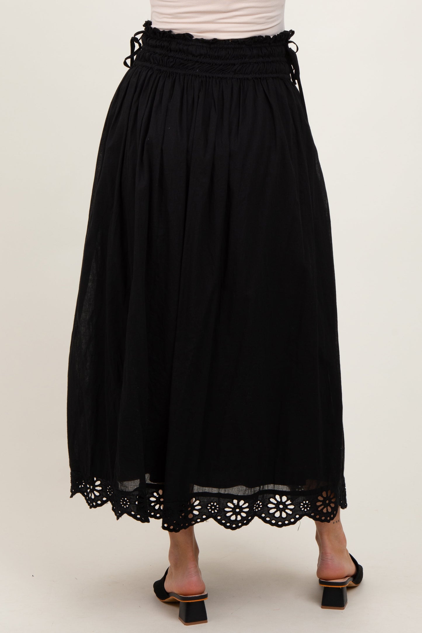 Black Smocked Waist Eyelet Lace Hem Maternity Maxi Skirt