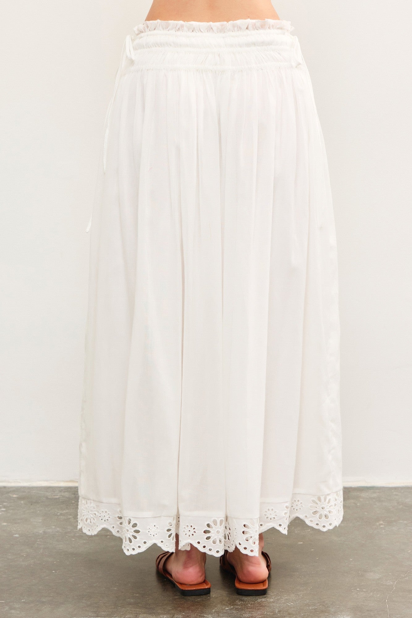 White Smocked Waist Eyelet Lace Hem Maxi Skirt
