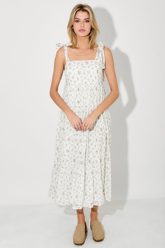 Light Yellow Floral Shoulder Tie Midi Dress