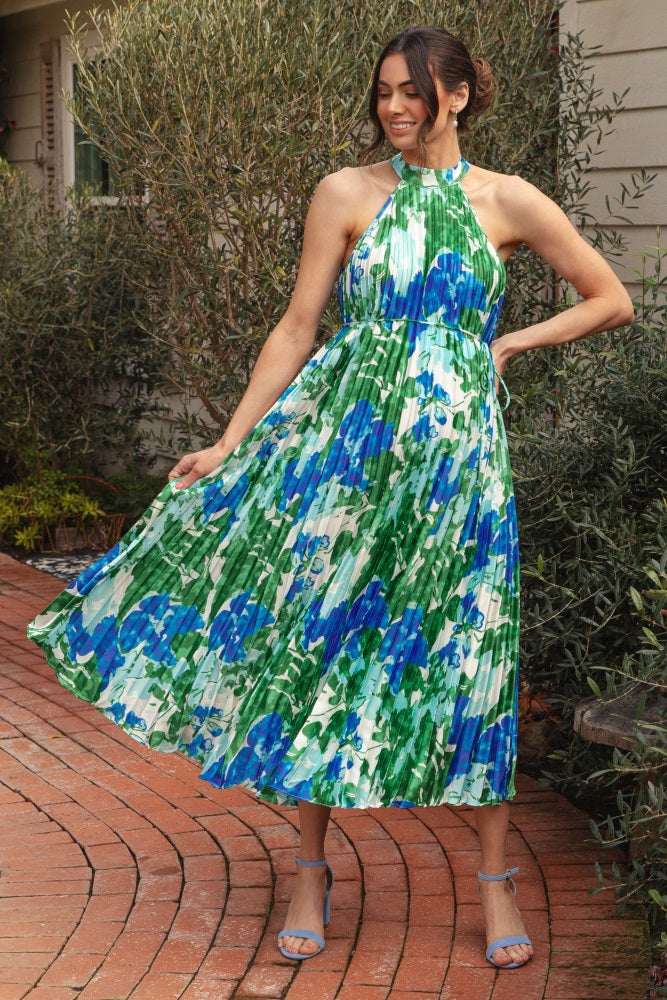 Blue Floral Satin Pleated Halter Neck Maternity Midi Dress