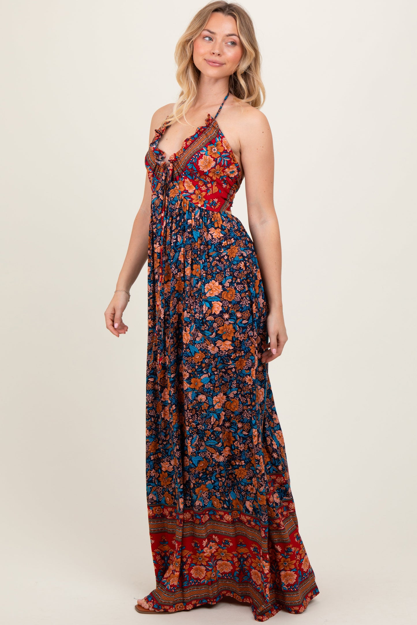 Navy Floral Colorblock Halter Tie Back Maxi Dress
