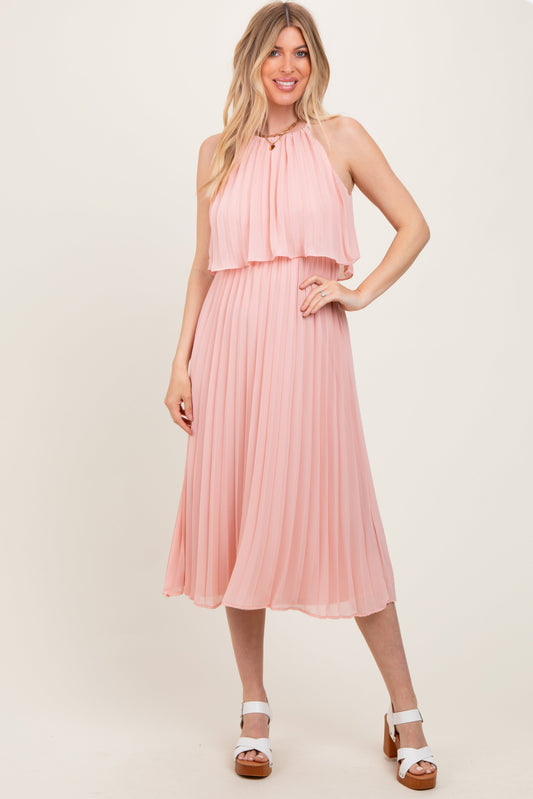 Pink Pleated Woven Midi Dress