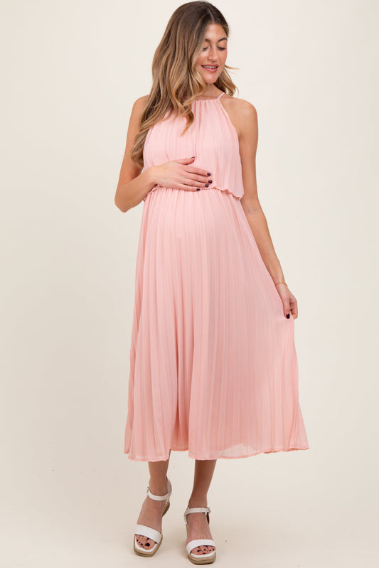 Pink Pleated Woven Maternity Midi Dress