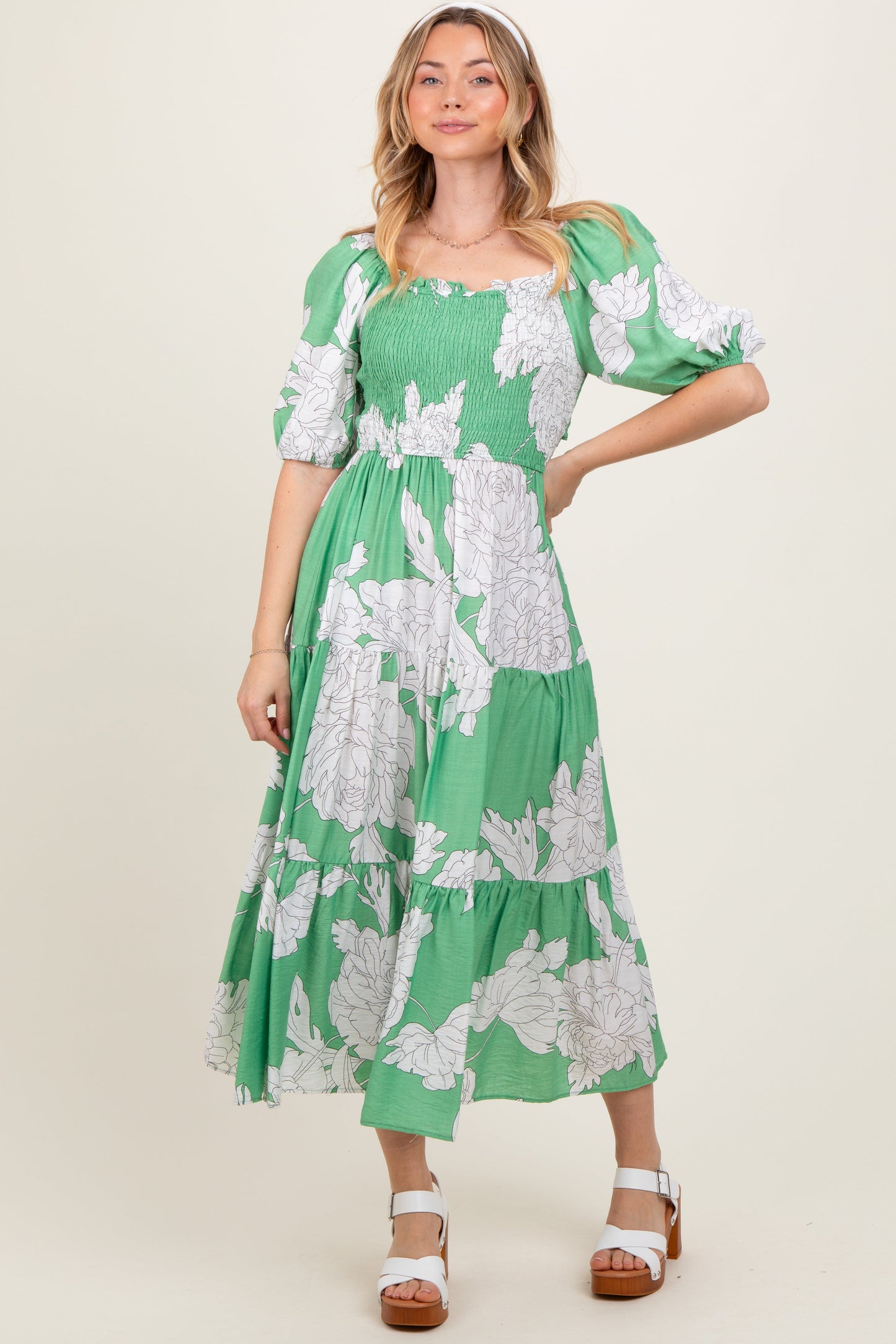 Green Floral Smocked Front Tie Cutout Maxi Dress