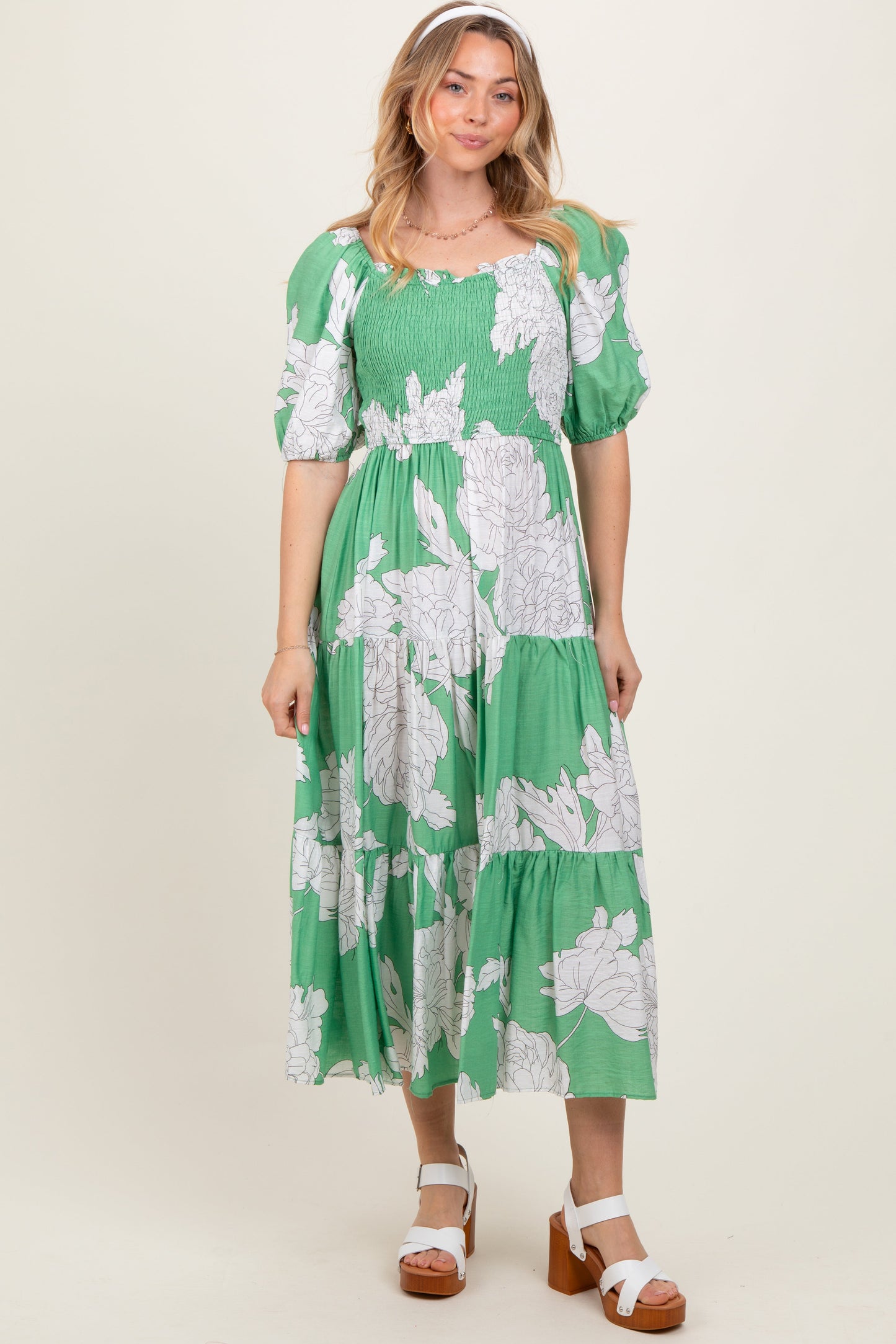 Green Floral Smocked Front Tie Cutout Maxi Dress