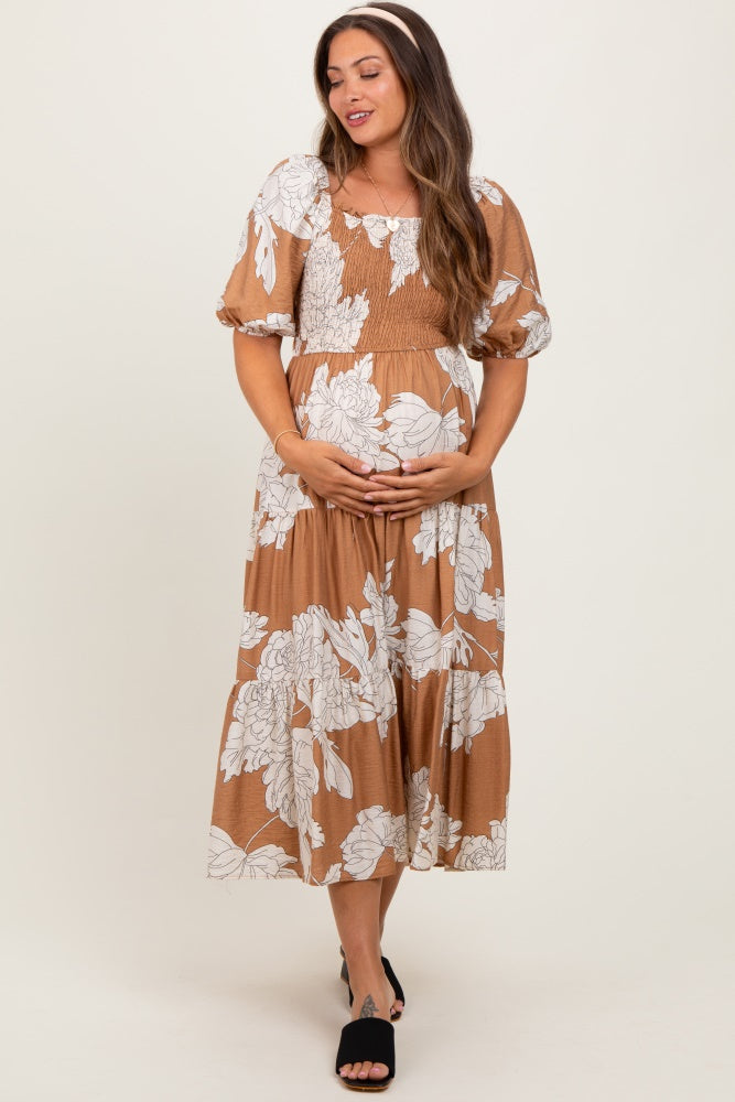 Mocha Floral Smocked Front Tie Cutout Maternity Maxi Dress