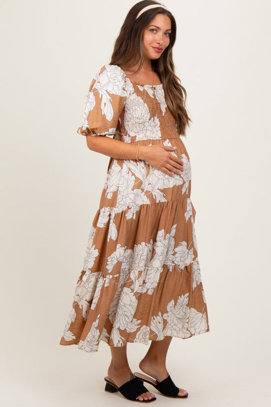 Mocha Floral Smocked Front Tie Cutout Maternity Maxi Dress