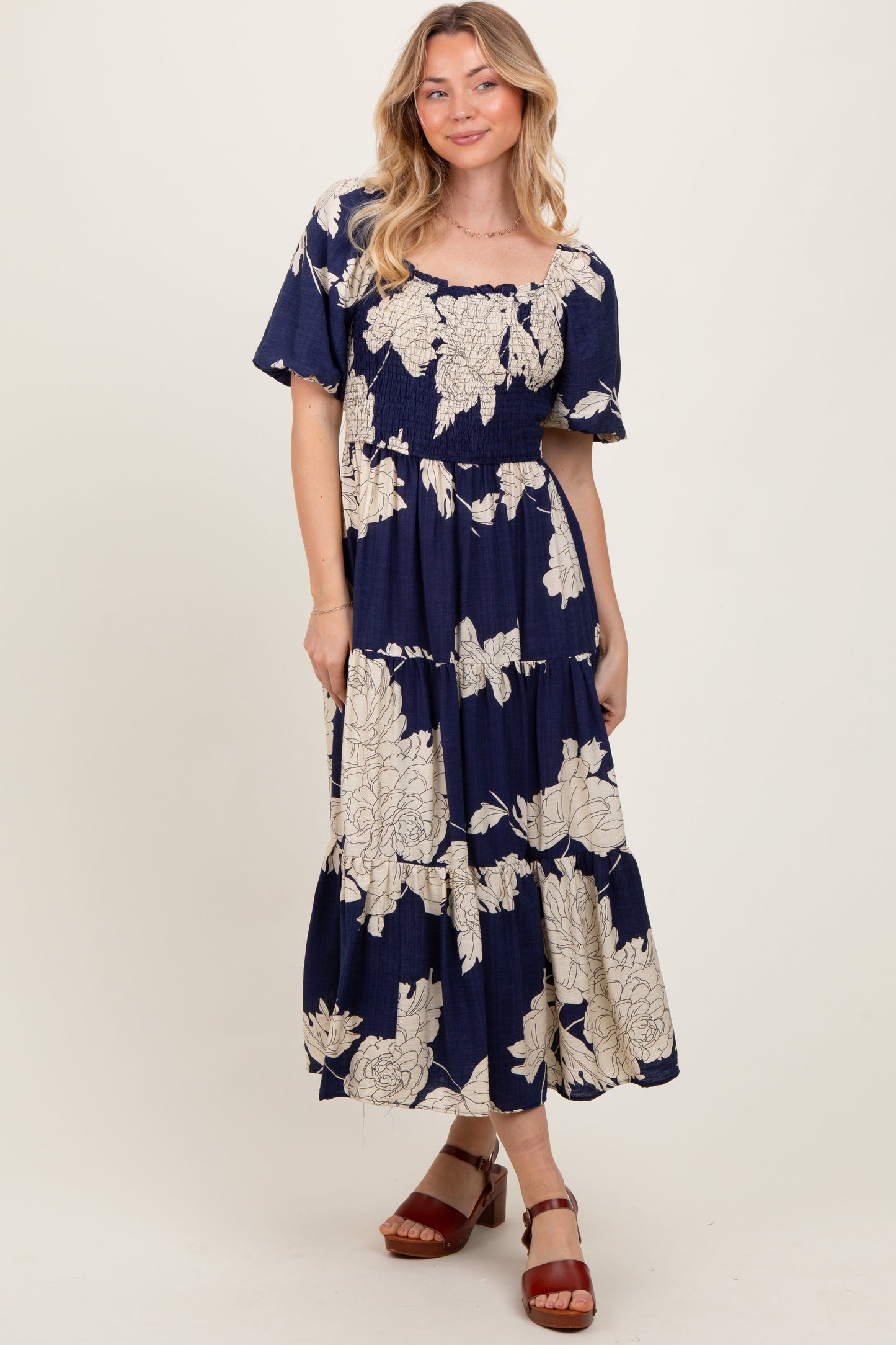 Navy Floral Smocked Front Tie Cutout Maxi Dress