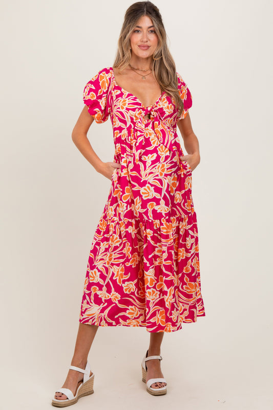Coral Floral Front Tie Maternity Midi Dress