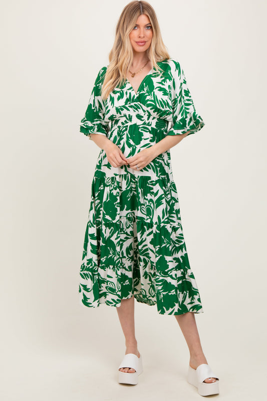 Green Abstract Floral V-Neck Tiered Midi Dress