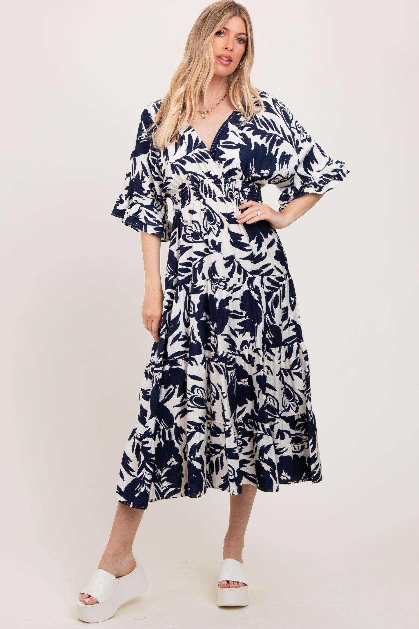 Navy Abstract Floral V-Neck Tiered Midi Dress