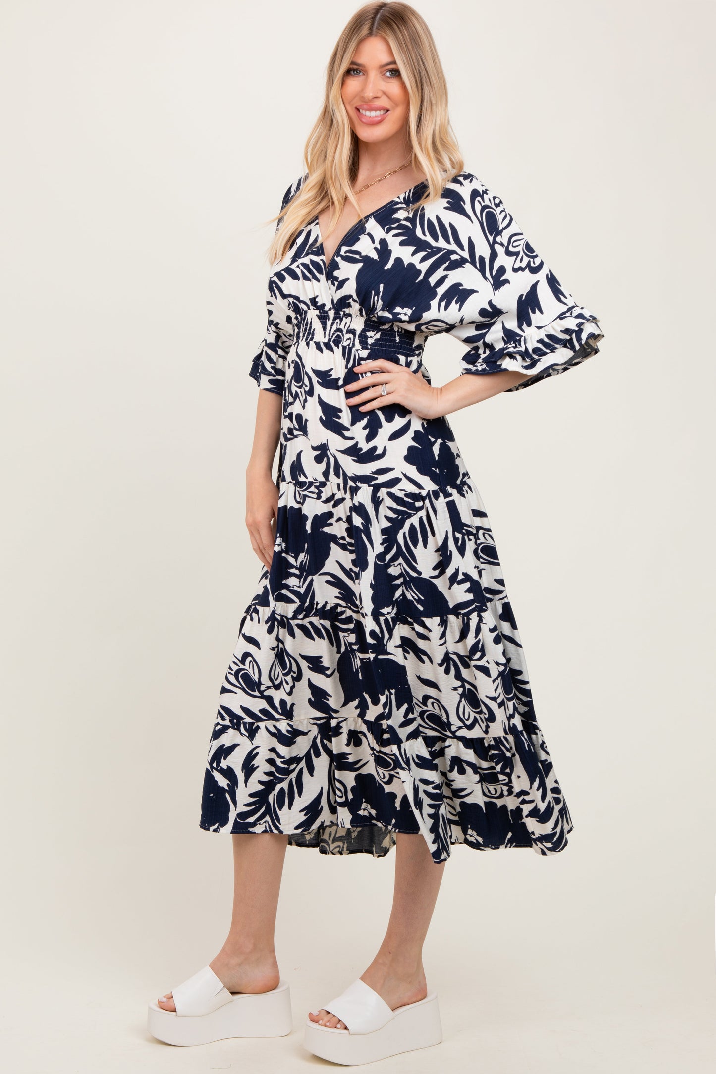 Navy Abstract Floral V-Neck Tiered Midi Dress