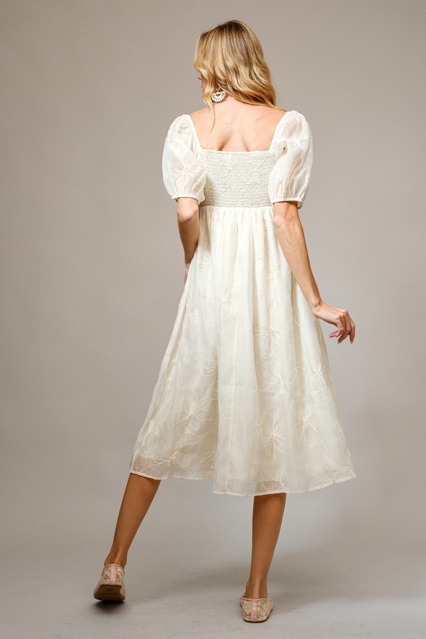 Cream Embroidered Floral Puff Sleeve Midi Dress