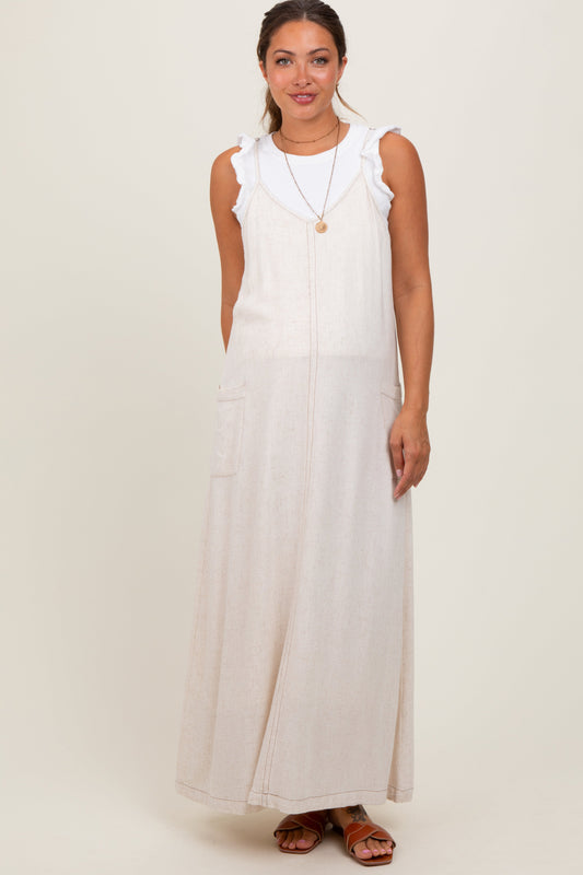 Cream Linen Mixed Overall Maternity Midi Dress