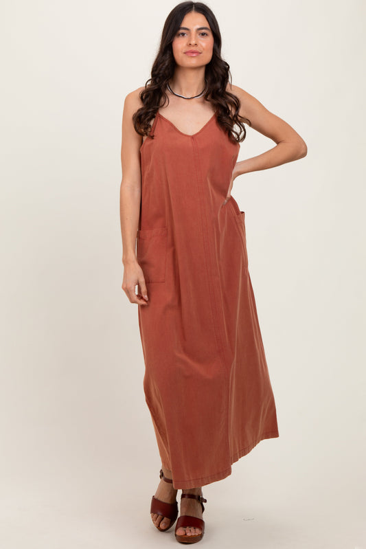 Rust V-Neck Overall Midi Dress