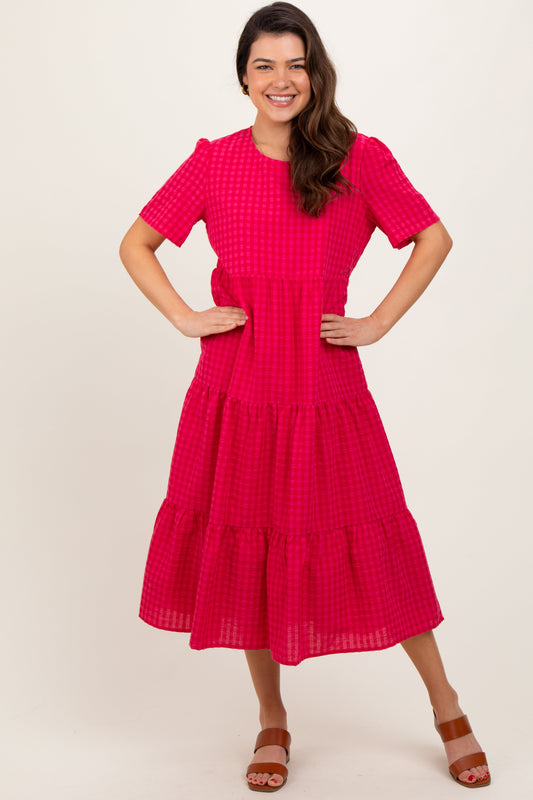 Fuchsia Short Sleeve Tiered Midi Dress