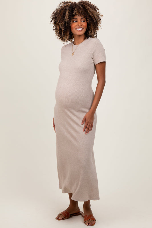 Beige Ribbed Short Sleeve Maternity Midi Dress