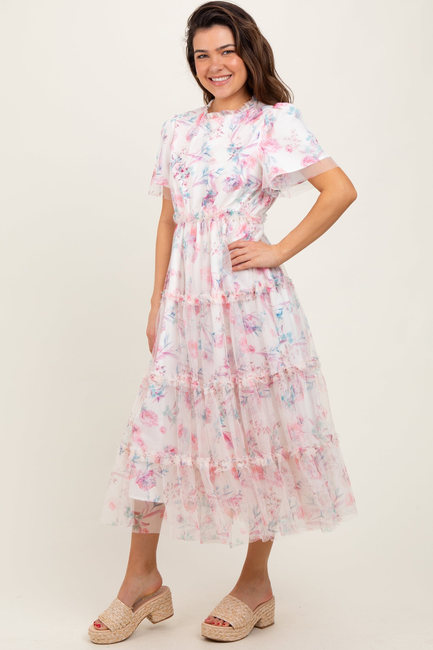 Ivory Floral Mesh Ruffle Tiered Midi Dress