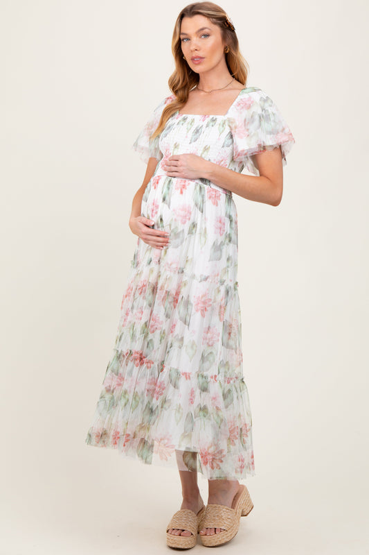 Ivory Floral Mesh Smocked Maternity Midi Dress