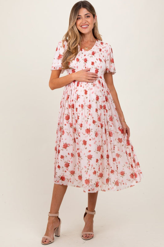 Light Pink Floral Smocked V-Neck Maternity Midi Dress