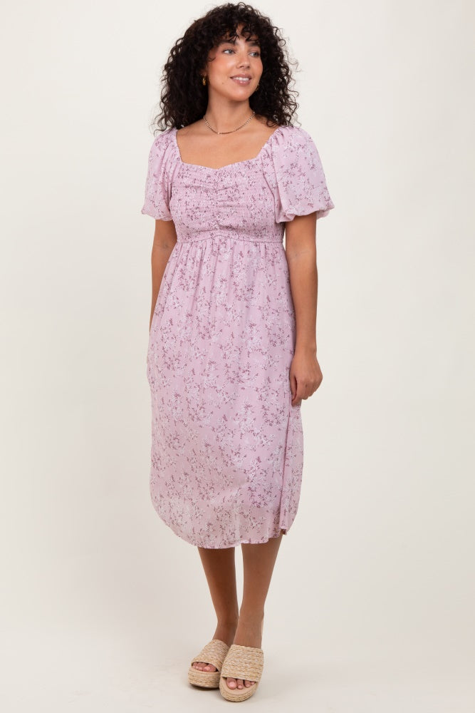 Lavender Floral Smocked Short Sleeve Midi Dress