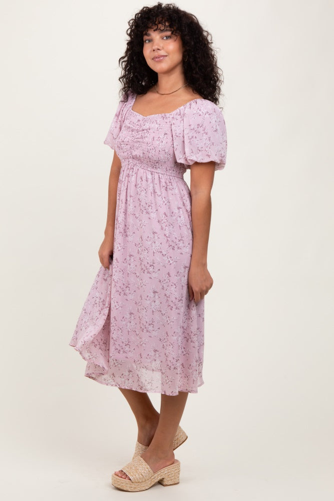 Lavender Floral Smocked Short Sleeve Midi Dress