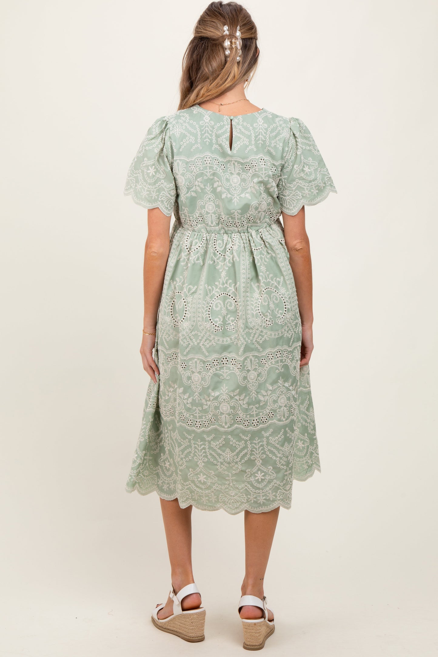 Light Olive Floral Embroidered Tied Waist Maternity Midi Dress