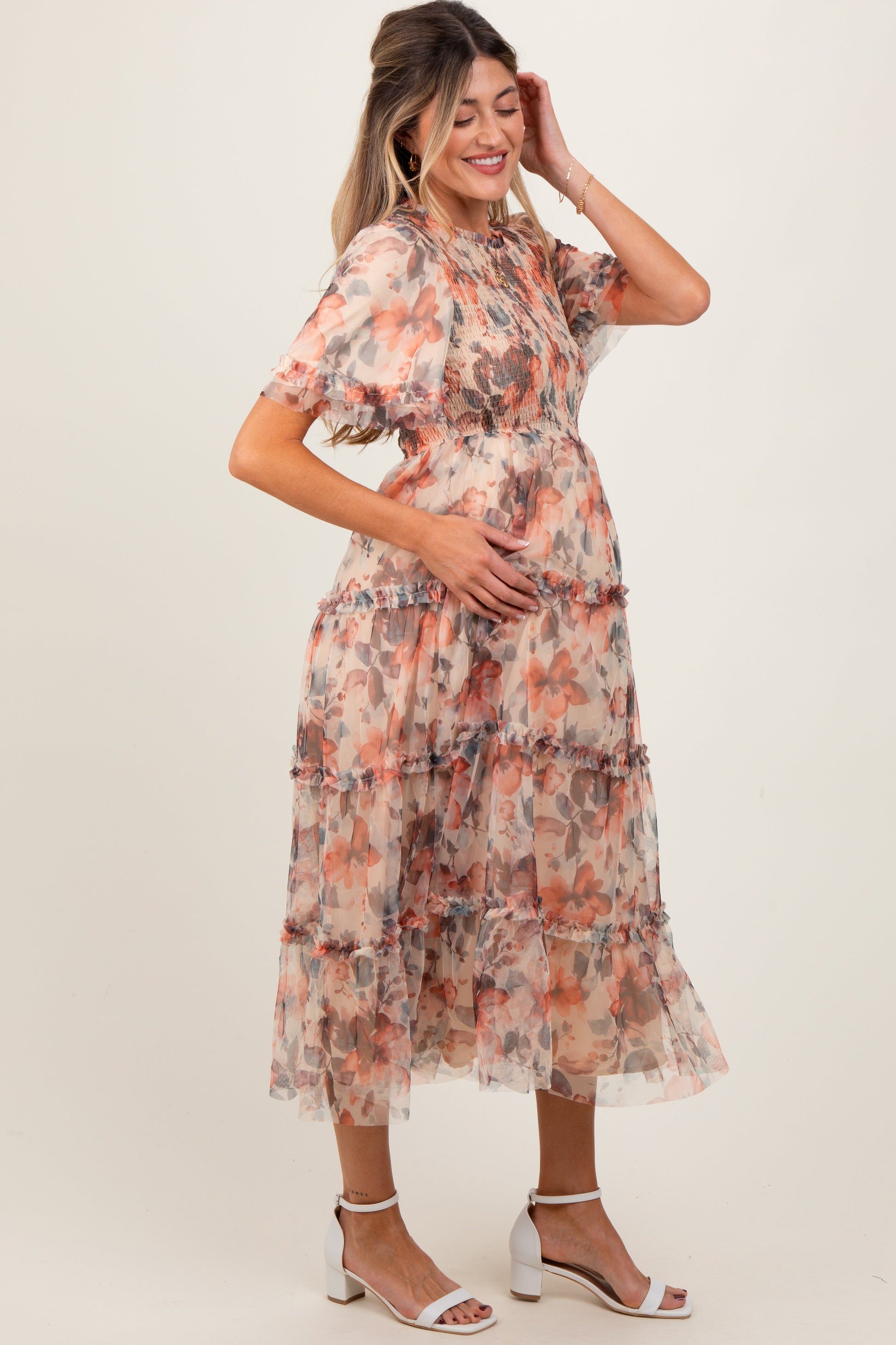 Peach Floral Mesh Smocked Maternity Midi Dress – The Prissy Pelican