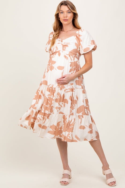 Ivory Floral Puff Sleeve Tiered Maternity Midi Dress