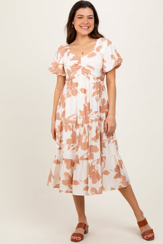 Ivory Floral Puff Sleeve Tiered Midi Dress