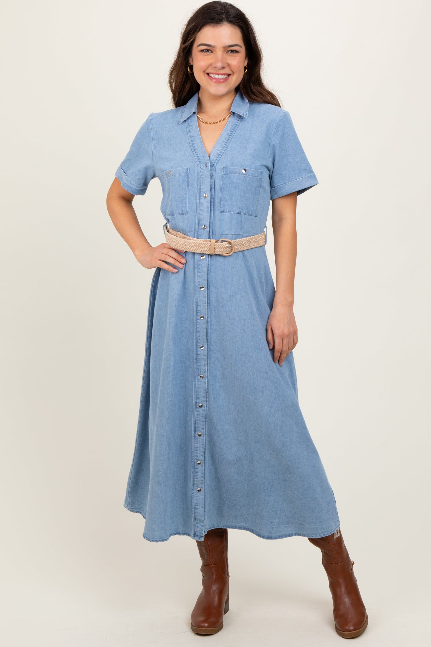 Light Blue Chambray Button Down Maternity Midi Shirt Dress