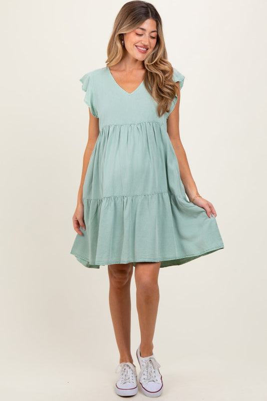 Light Olive Flutter Sleeve Tiered Maternity Dress