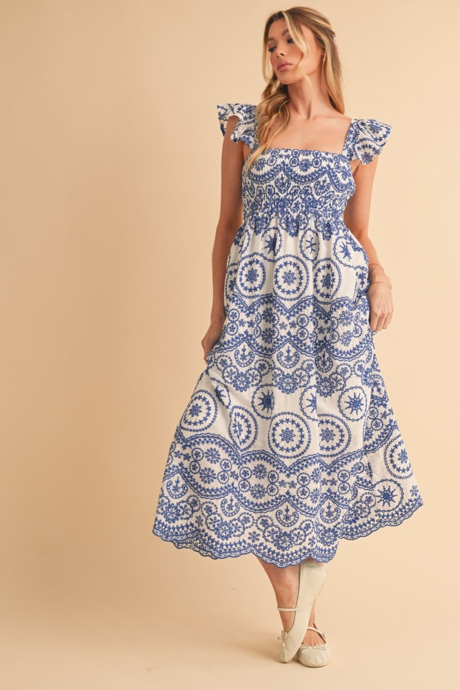 Light Navy Embroidered Smocked Cutout Midi Dress