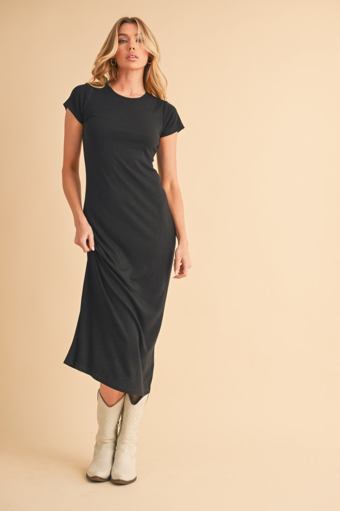 Black Basic Crewneck Maternity Midi Dress