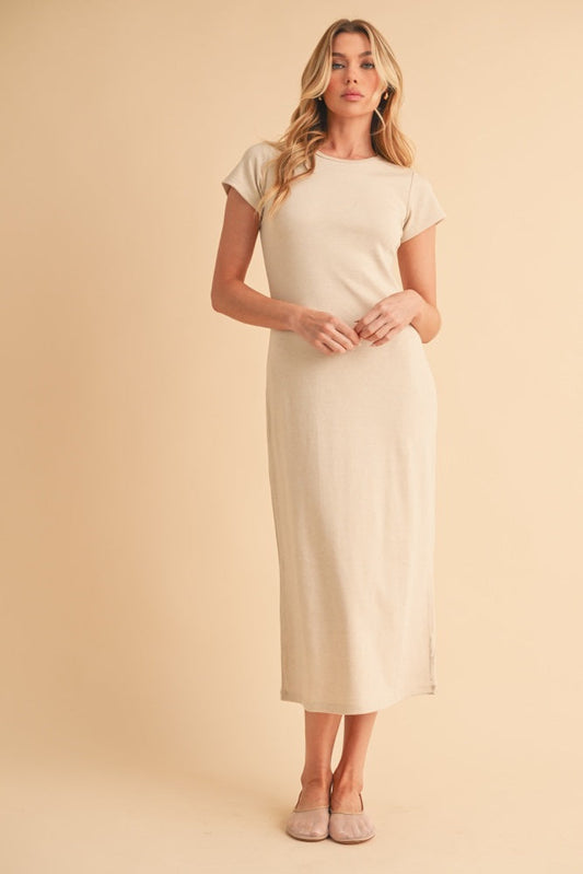 Cream Basic Crewneck Midi Dress