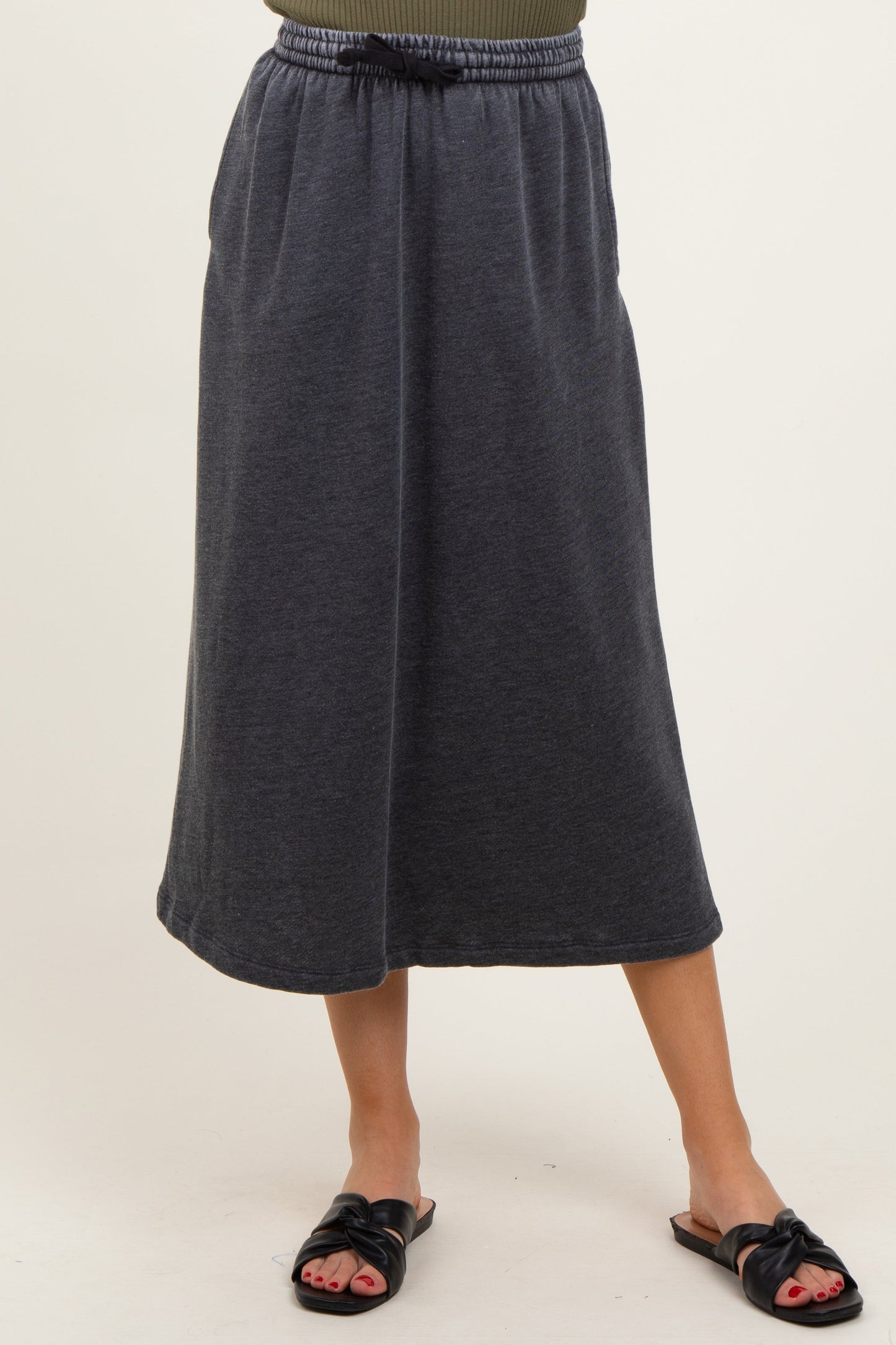 Charcoal Terry Drawstring Midi Skirt