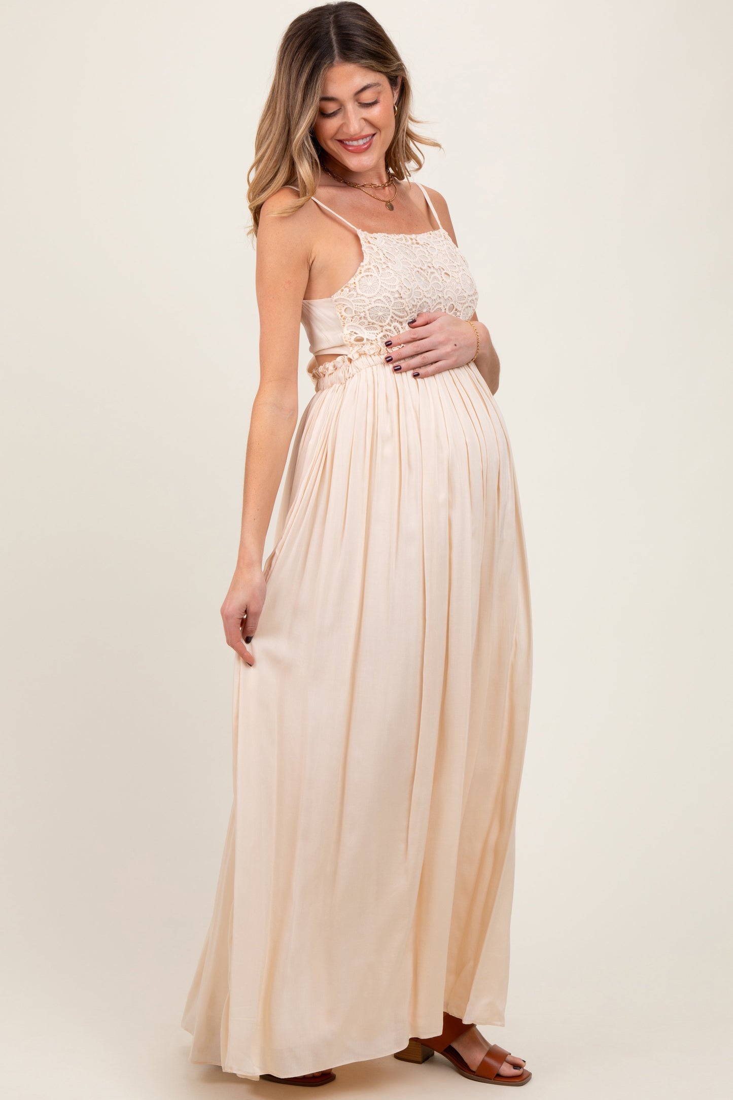 Beige Lace Bodice Cutout Tie Back Maternity Maxi Dress