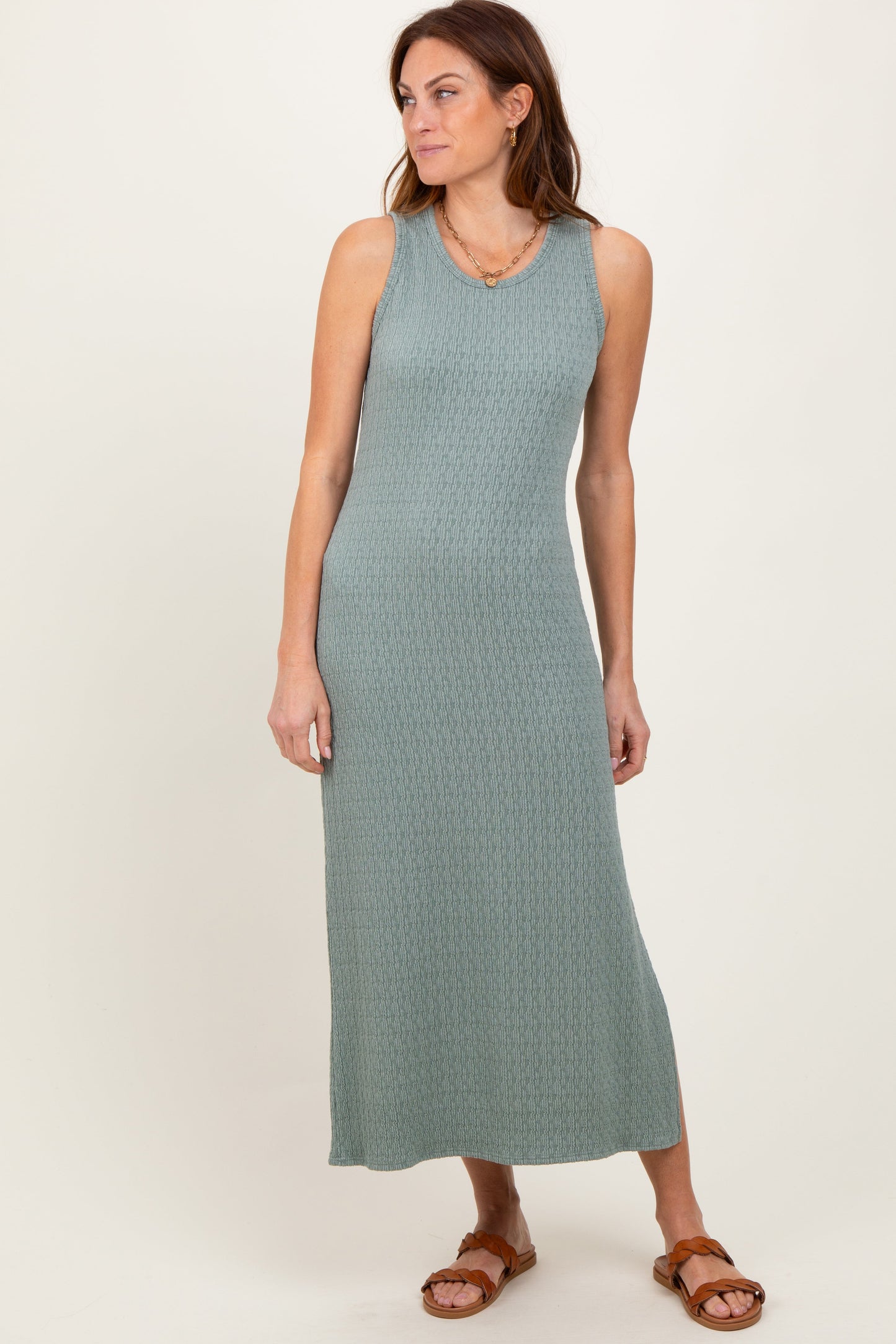 Green Jacquard Sleeveless Side Slit Midi Dress
