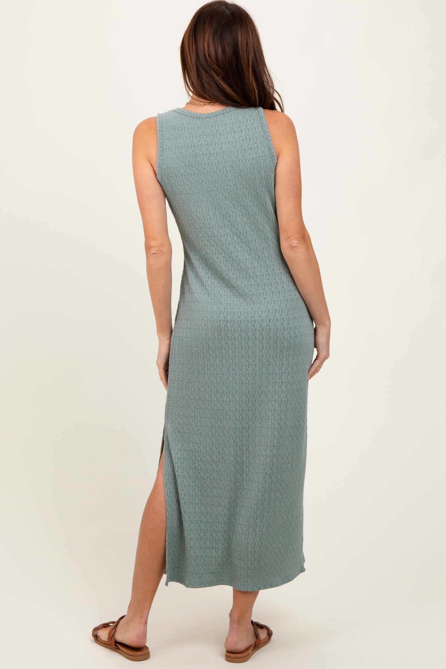 Green Jacquard Sleeveless Side Slit Midi Dress