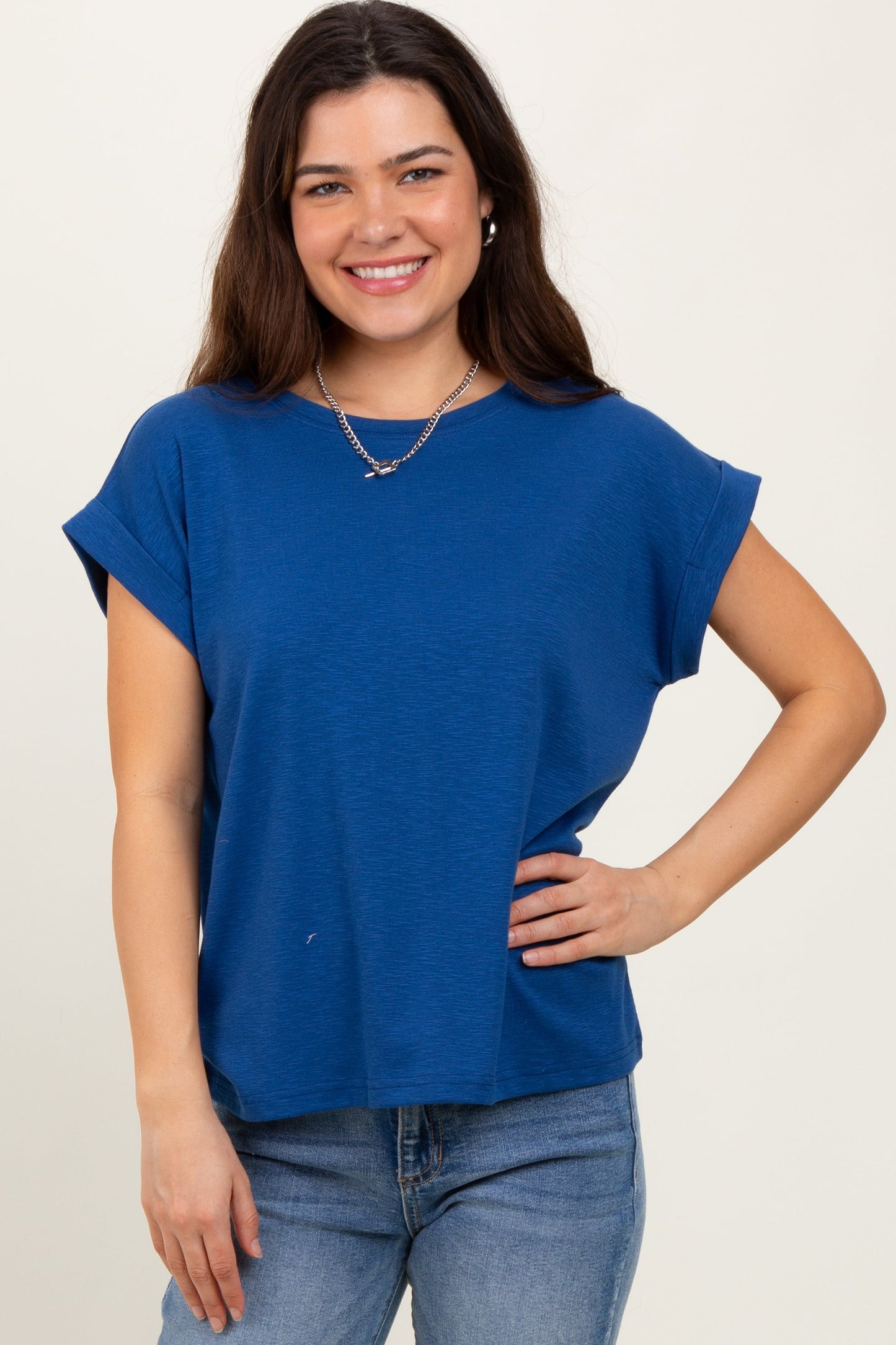 Light Navy Rolled Short Sleeve Maternity Tee
