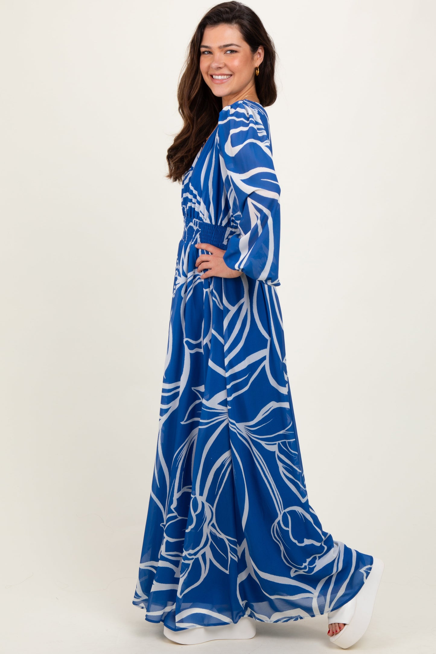 Navy Floral Smocked Waist Long Sleeve Maxi Dress
