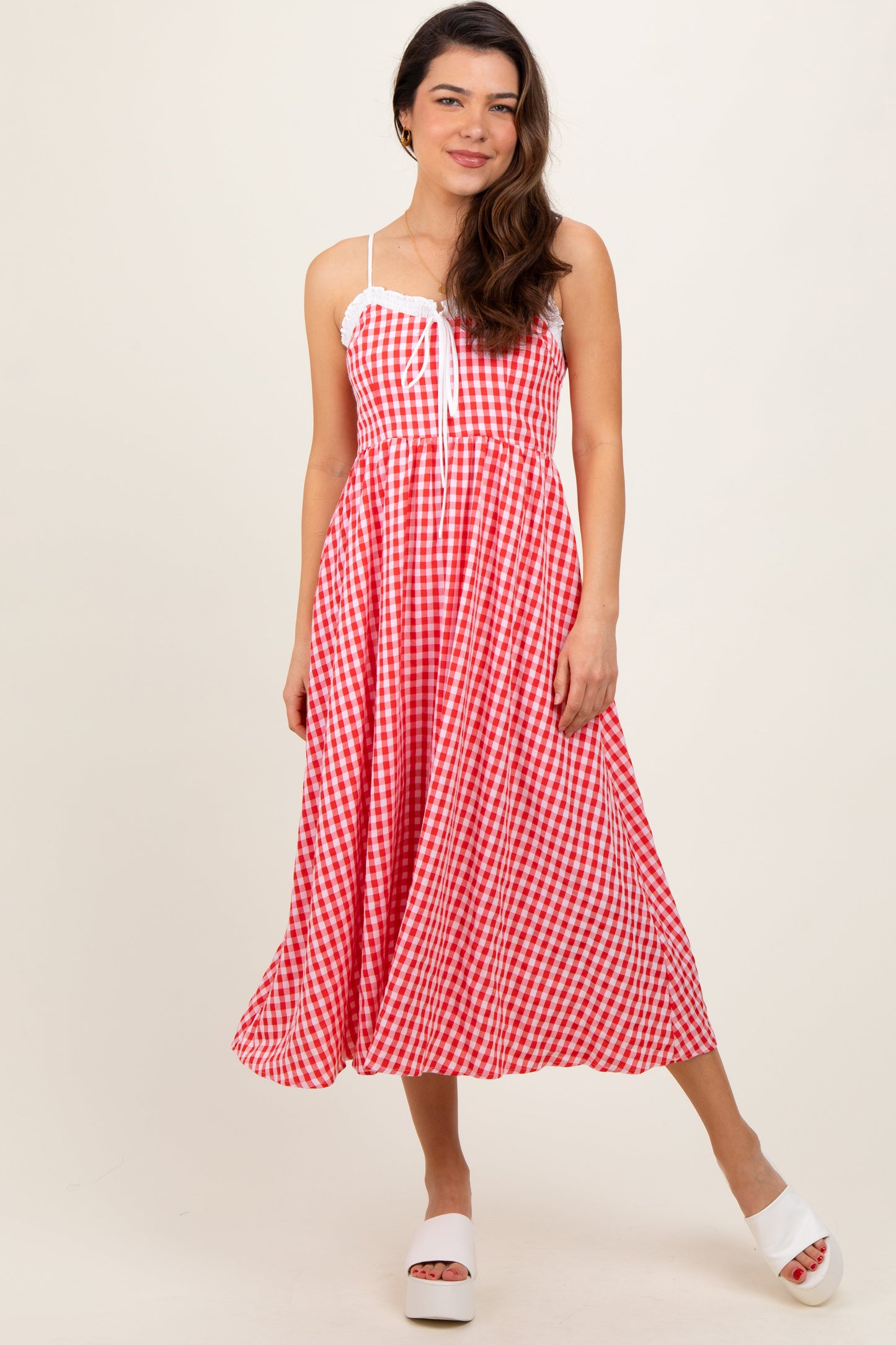 Red Gingham Smocked Trim Midi Dress