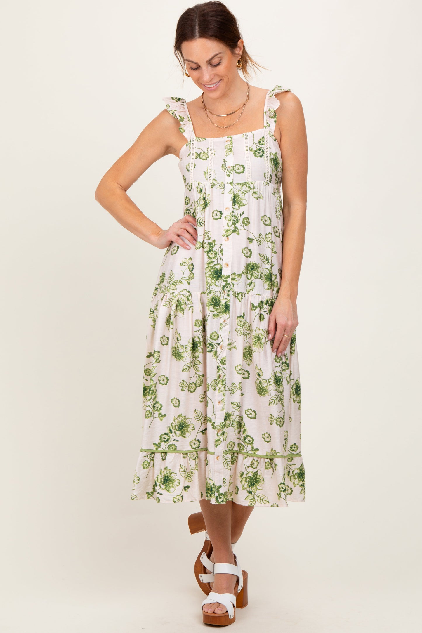 Green Floral Ruffle Strap Tiered Midi Dress