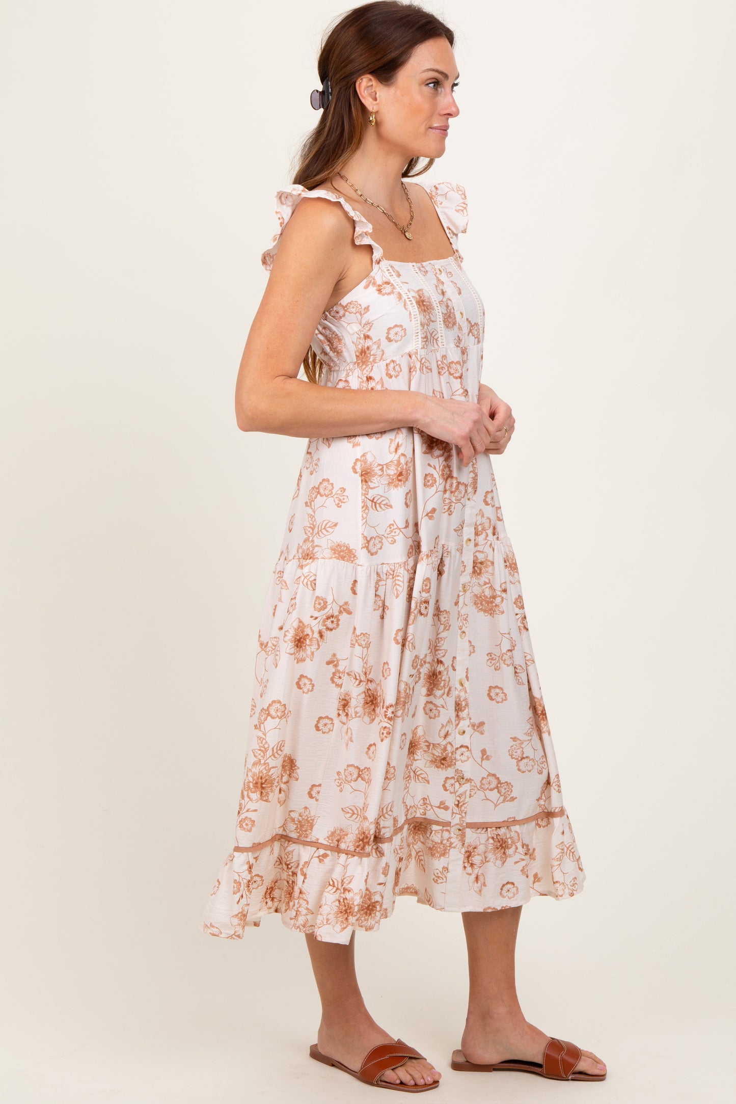 Brown Floral Ruffle Strap Tiered Midi Dress