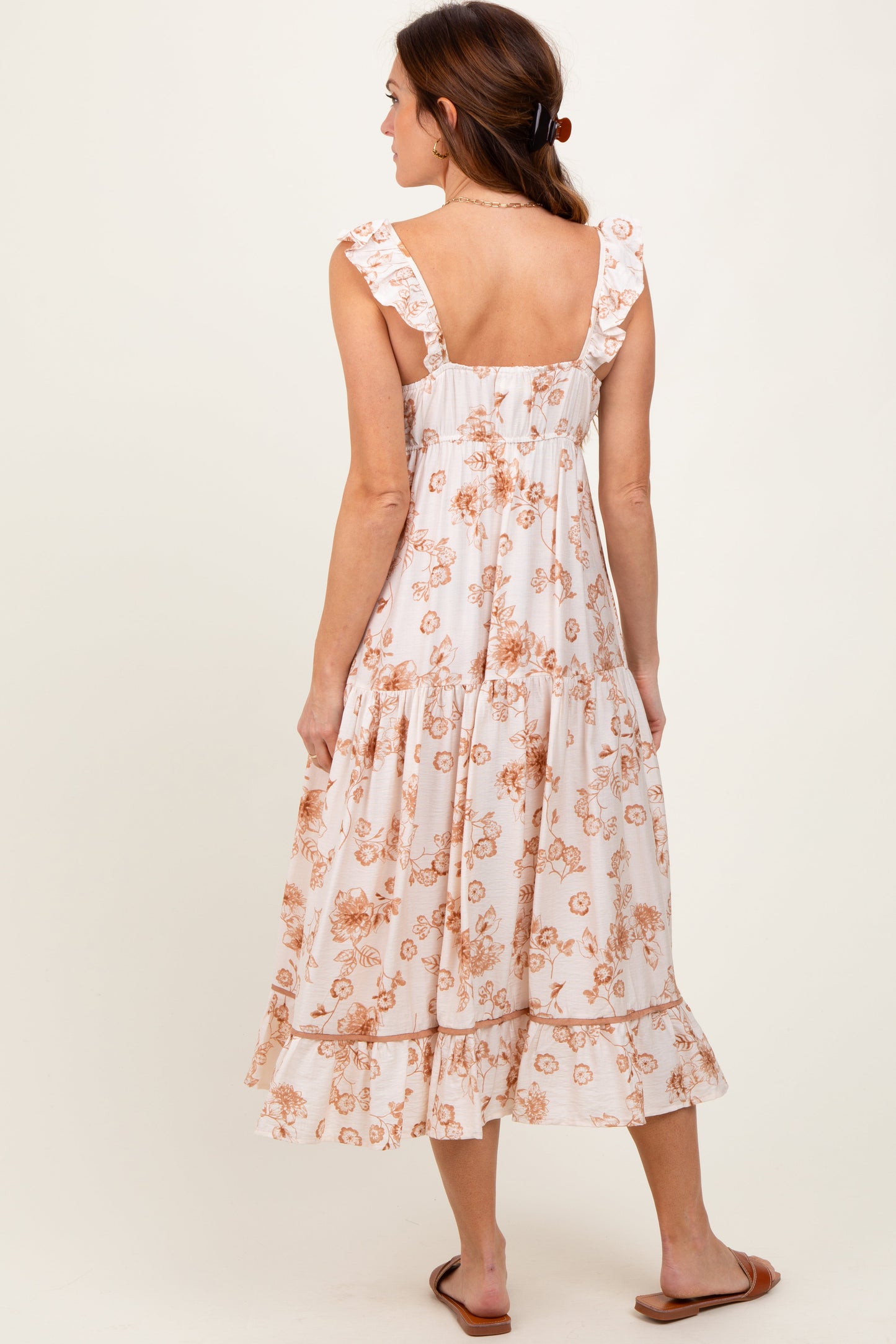 Brown Floral Ruffle Strap Tiered Midi Dress