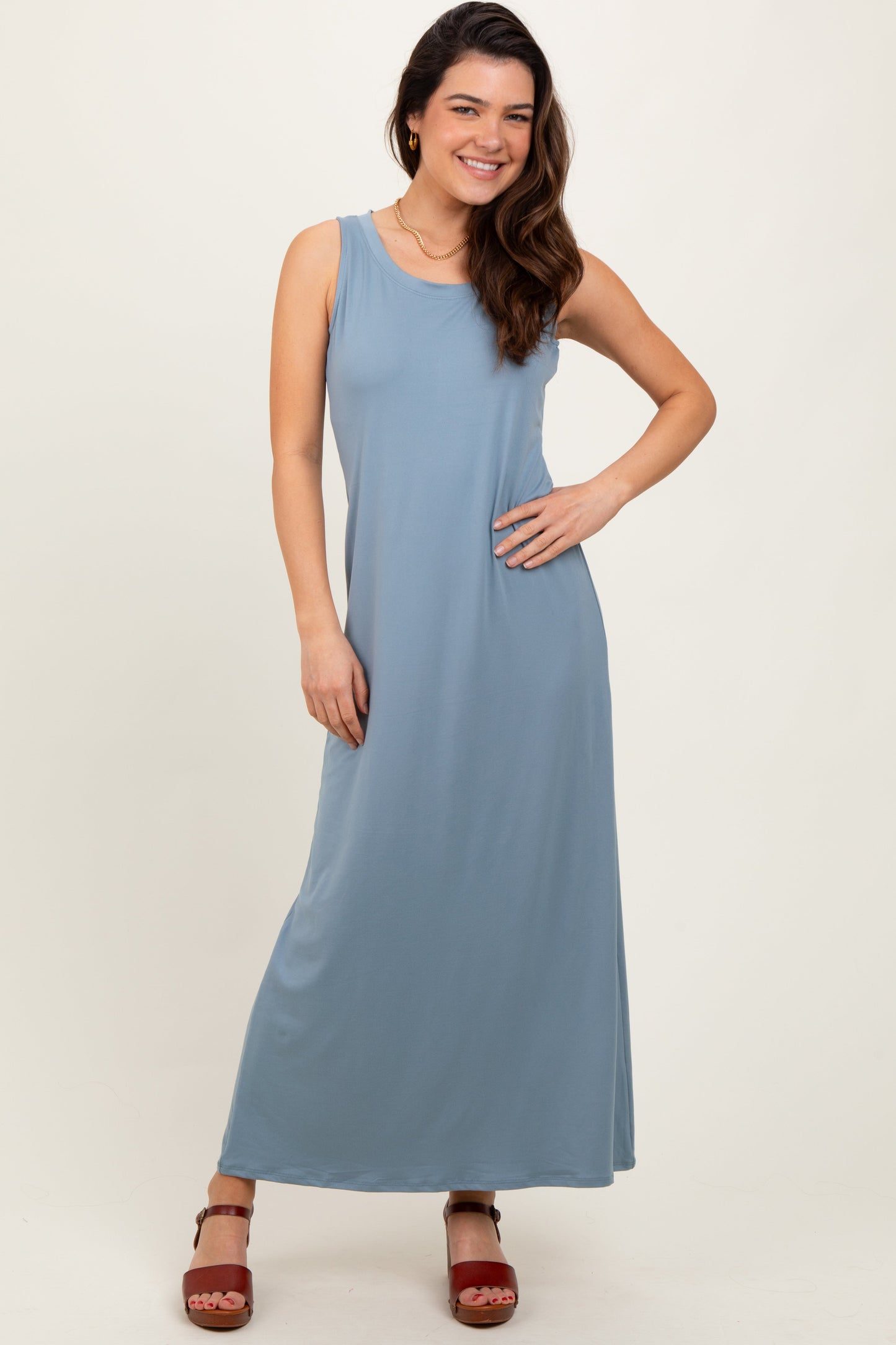 Light Blue Sleeveless Flared Scoop Neck Maxi Dress