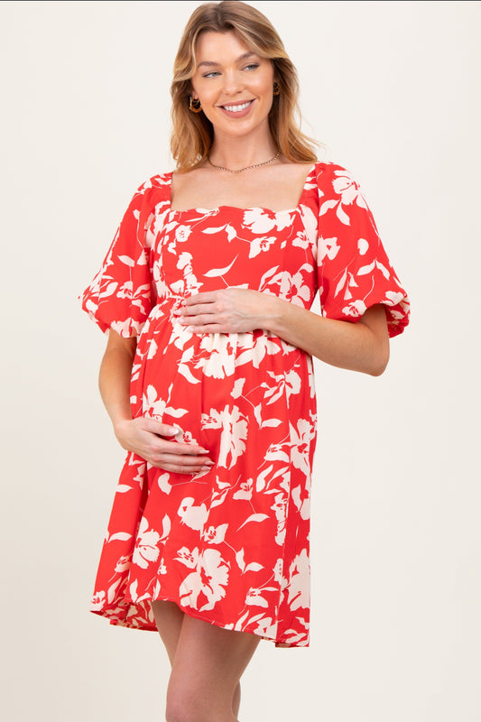 Red Floral Puff Sleeve Maternity Mini Dress