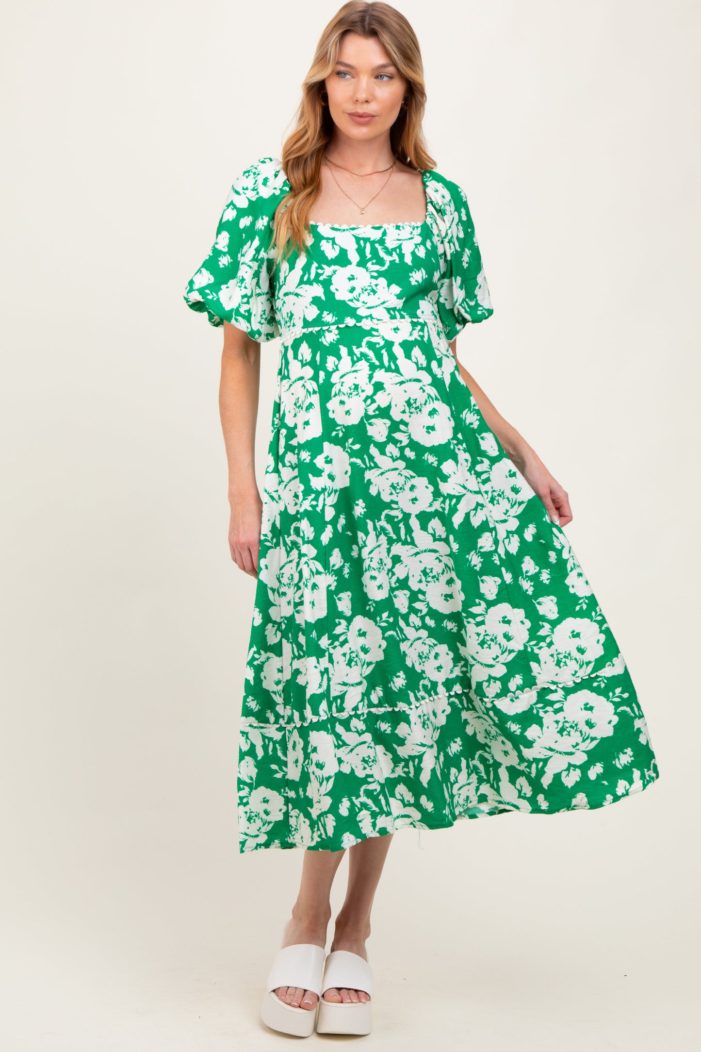 Green Floral Scallop Trim Puff Sleeve Maternity Midi Dress